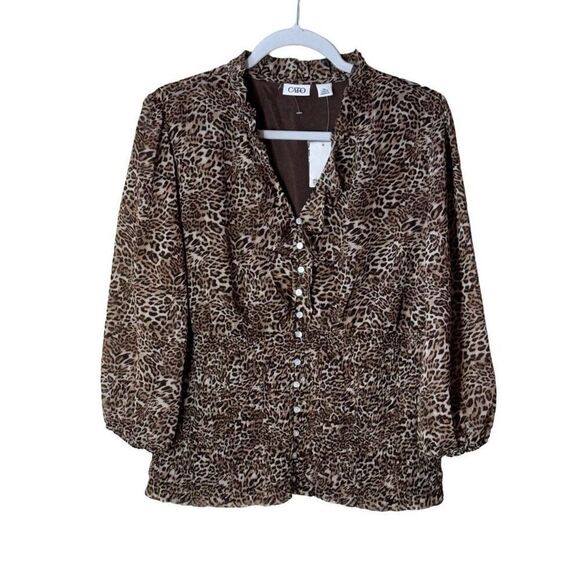 Cato Animal Print Blouse Chiffon Metallic Gold Thread Smocked XL NWT - Picture 1 of 12